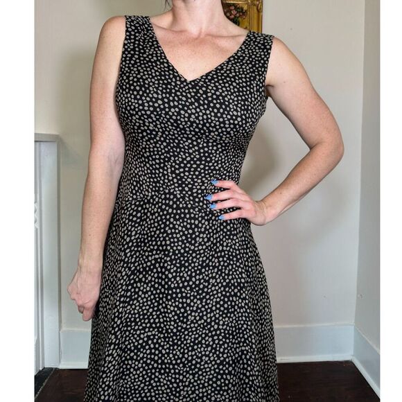 Vintage 100% Silk Black and Brown Polka Dot Midi Dress Size 6P - Picture 2 of 5